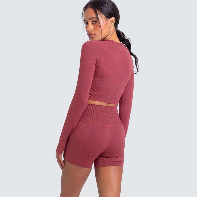Yoga Outfits for Women's Seamless 2 Piece Shorts Set Long Sleeve